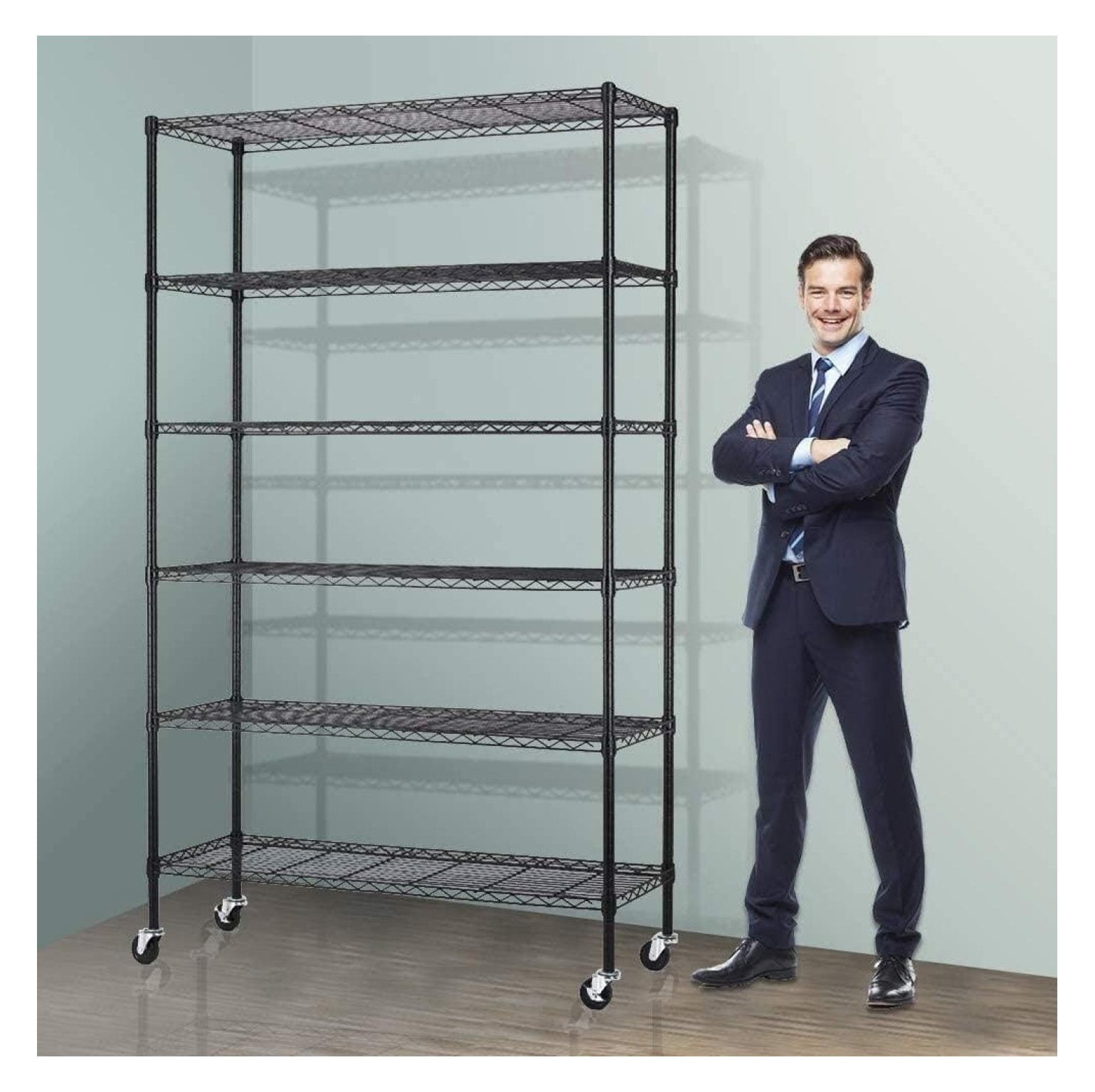 6-Tier Black Adjustable Steel Wire Shelving Unit with Wheels