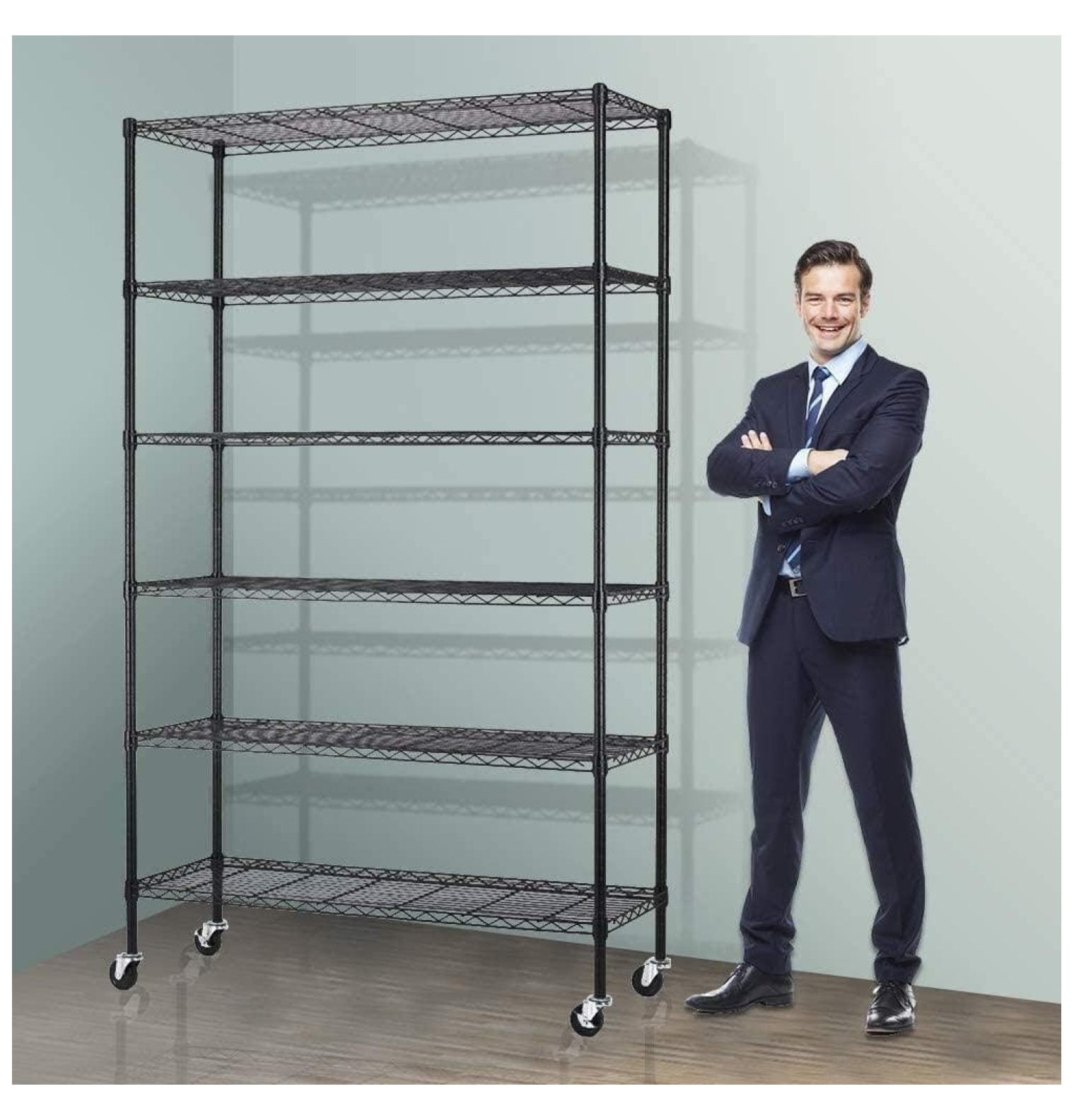 6-Tier Black Adjustable Steel Wire Shelving Unit with Wheels