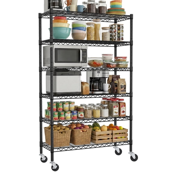 6-Tier Storage Shelves NSF Certified Wire Shelving Unit with Wheels Heavy Duty Metal Shelves Adjustable Steel Shelving 2100Lbs Capacity for Closet Pantry Basement- (18"Dx45"Wx82H", Black)