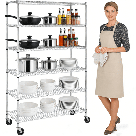 6-Tier Storage Shelves with Wheels, 6000lbs Capacity Heavy Duty Metal Shelves, Tall Steel Shelving Units Adjustable Rolling Shelf Racks for Restaurant Garage Pantry Kitchen, Chrome