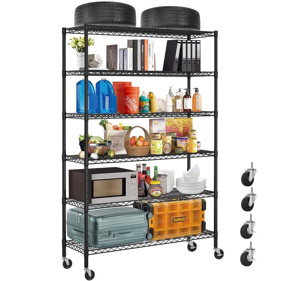 6-Tier Storage Shelves with Wheels, 6000lbs Capacity Heavy Duty Metal Shelves, Tall Steel Shelving Units Adjustable Rolling Shelf Racks for Restaurant Garage Pantry Kitchen, Black