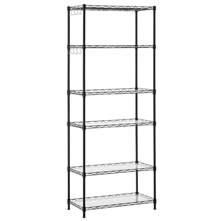 6-Tier Storage Shelves, Wire Shelving Unit, Kitchen Metal Shelves, Storage Rack with Adjustable Shelves, Shelf Liners, 8 Hooks, for Garage, 11.4 x 23.2 x 63 Inches, Black