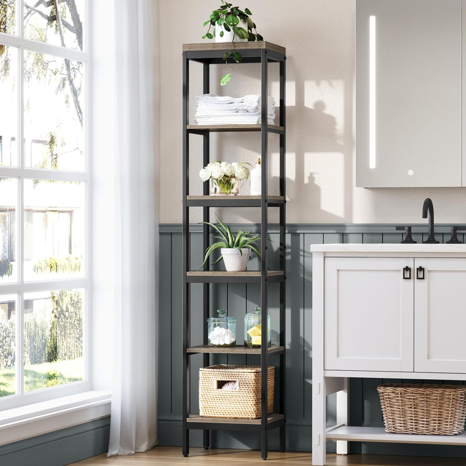 6 Tier Tall Bathroom Shelf, Narrow Shelving Unit with Steel Frame, Freestanding Slim Storage