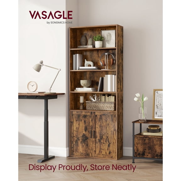 6-Tier Tall Bookcase with Cabinet Door, 68.9 Inch Storage Shelf with 3 Adjustable Shelves & Anti-Tip Kit, for Living Room Home Office, Rustic Brown