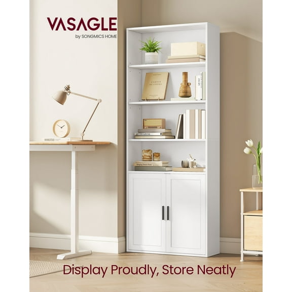 6-Tier Tall Bookcase with Cabinet Door, 68.9" Storage Shelf with 3 Adjustable Shelves & Anti-Tip Kit, for Living Room Home Office, Cloud White