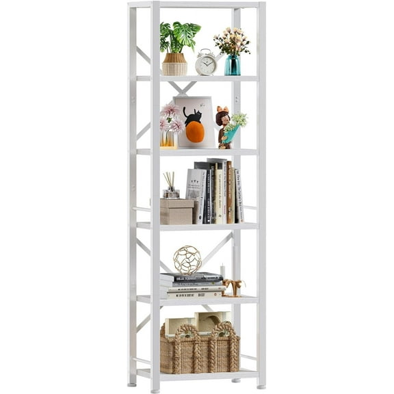 6 Tier Tall Bookshelf, Industrial Narrow Bookcase, Display Standing Shelf Units, Metal and Wood Storage Rack Organizer for Living Room, Home Office, Entryway, Kitchen, Rustic Brown