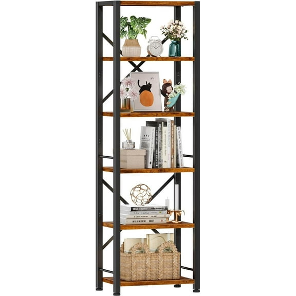 6 Tier Tall Bookshelf, Industrial Narrow Bookcase, Display Standing Shelf Units, Metal and Wood Storage Rack Organizer for Living Room, Home Office, Entryway, Kitchen, Rustic Brown