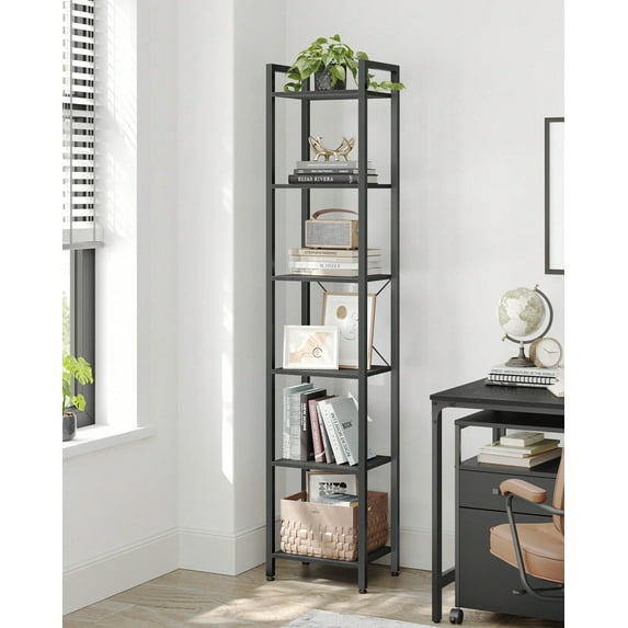 6-Tier Tall Bookshelf, Narrow Bookcase With Steel Frame, Skinny Book Shelf For Living Room, Home Office, Study, 11.8 X 15.7 X 73.8 Inches, Industrial Style