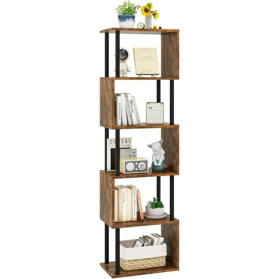6-Tier Tall Bookshelf,S-Shaped Geometric Bookcase, Wood Display Shelves with Storage,Industrial Bookshelf for Living Room Bedroom, Home Office, Rustic Brown WBC016H