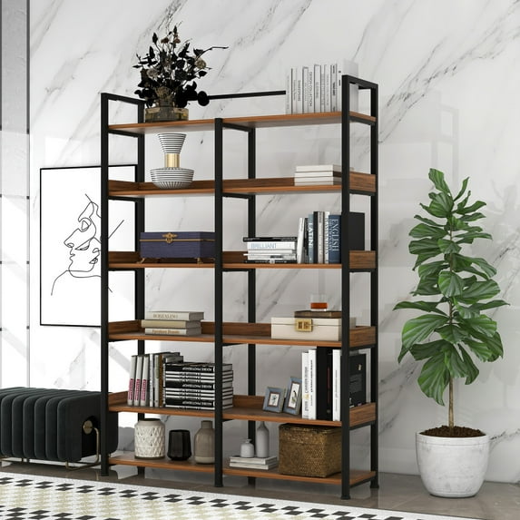 6 Tier Tall Bookshelf, Stainless Steel Frame Freestanding Open Storage Shelf Bookcases with Adjustable Foot Pads