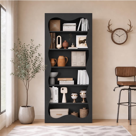6-Tier Tall Bookshelf Wavy Scalloped Edge, Freestanding Open Bookcase Display Storage Shelving Unit for Living Room Bedroom Home Office Library, Red Oak/Gray/Black