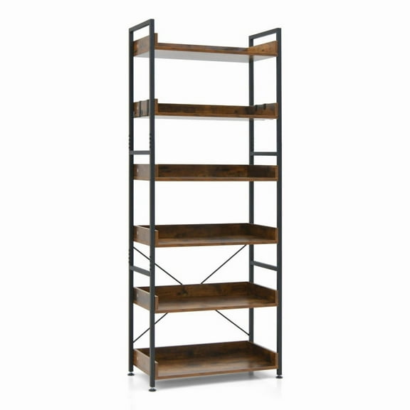 6-Tier Tall Industrial Bookcase with Open Shelves and 4 Hooks