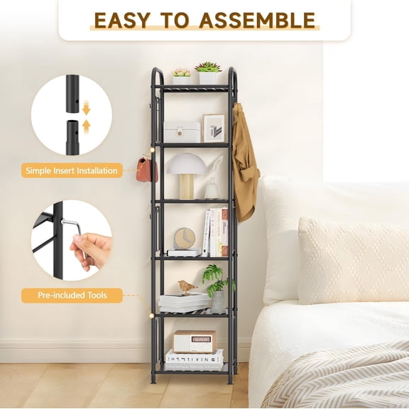 6 Tier Tall Metal Narrow Skinny Shelf Free Standing for Bathroom, Thin Shelving Unit for Pantry or Kitchen, Slim Open Tower Rack with 10 Hooks, Space Saving and No Tools Assembly (Black)