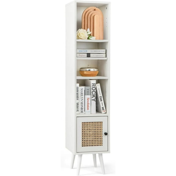 6-Tier Tall Narrow Bookcase, 54 Inches Slim Storage Cabinet with Adjustable Shelf and Boho Style Rattan Door, Space-Saving Bookshelf for Living Room, Bedroom and Home Office