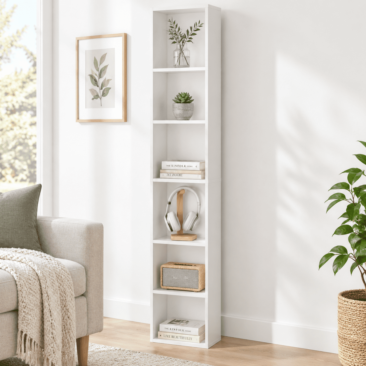 6-Tier Tall Narrow Bookcase, White, 70.5 Inch Skinny Shelf for Small ...