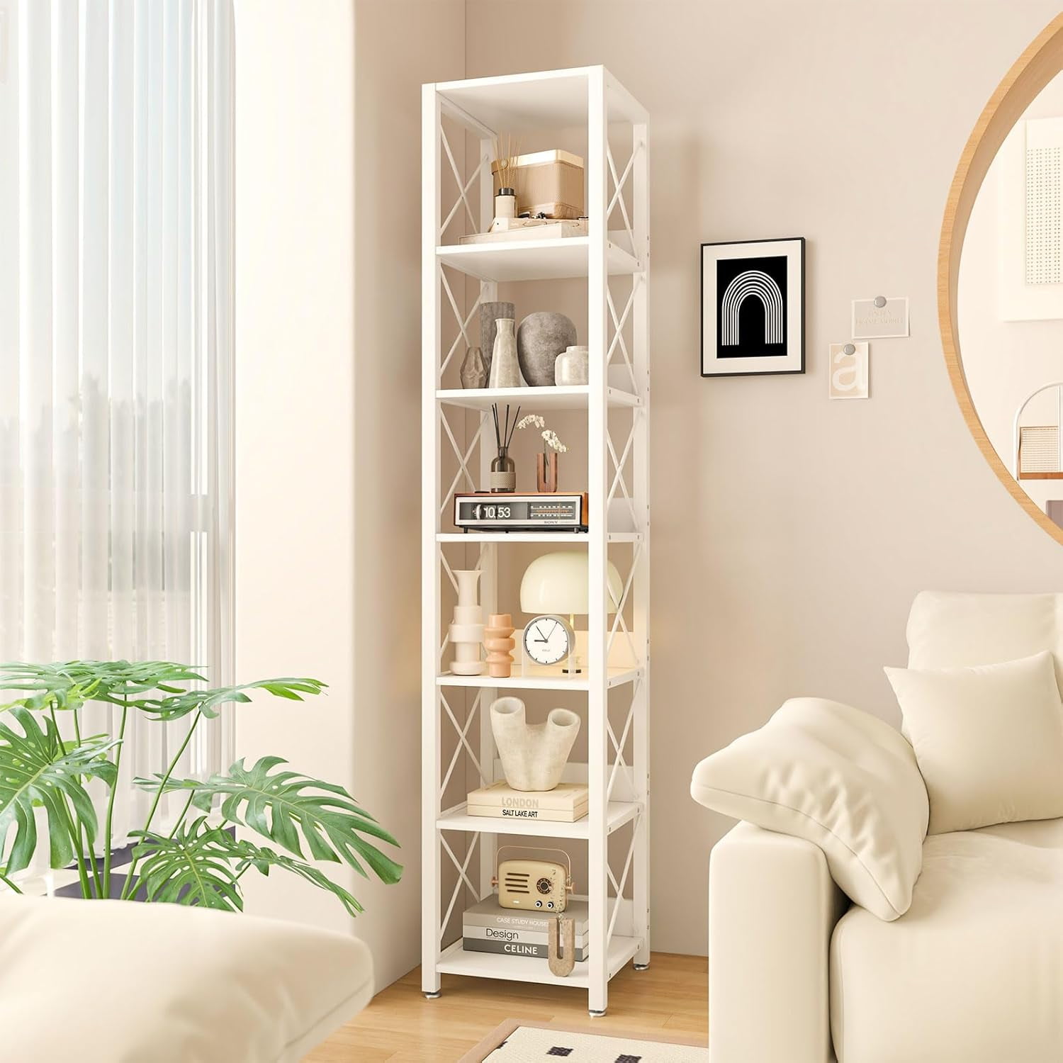 6-Tier Tall Narrow Bookcase,Wood Corner Shelf Storage Display Rack for ...