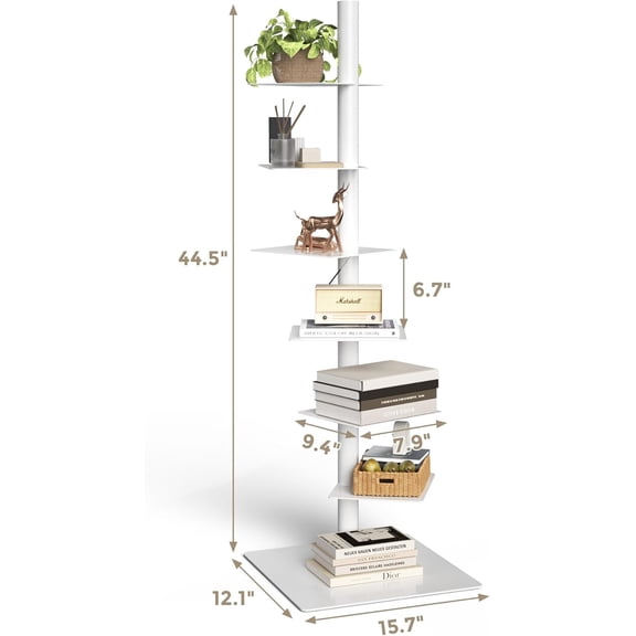 6 Tier Tall Narrow Metal Bookshelf, Vertical Tower with Adjustable Shelves, Space Saving Corner Storage Display Rack for Home Office Bedroom Dorm White