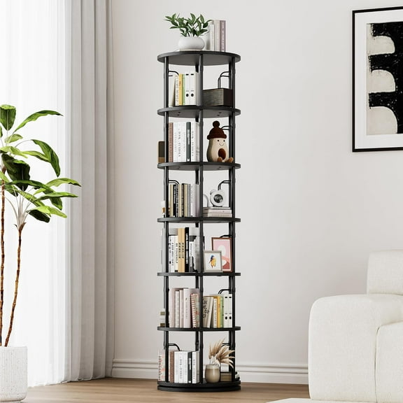 6 Tier Tall Rotating Bookshelf, 360°Spinning Swivel Bookcase Tower, Vertical Floor Standing Revolving Round Bookshelves Organizer for Small Spaces, Corner, Living Room, Bedroom, Black