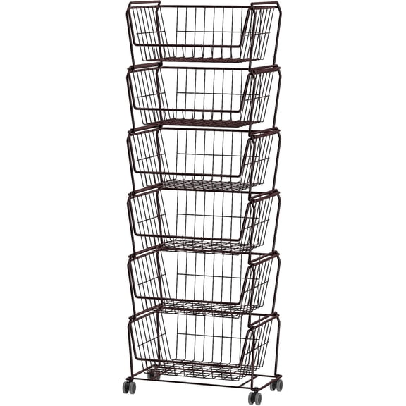 6-Tier Tall Stackable Wire Storage Baskets with Wheels, Vertical Metal Rolling Utility Cart, High Capacity Produce Basket for Kitchen Pantry, Snack Organizer, Vintage Bronze