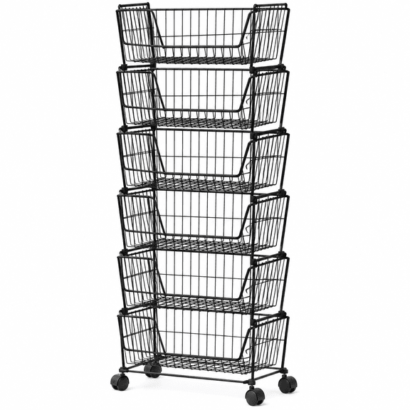 6-Tier Tall Stackable Wire Storage Baskets with Wheels, Vertical Metal Rolling Utility Cart for Kitchen Pantry and Home Organization