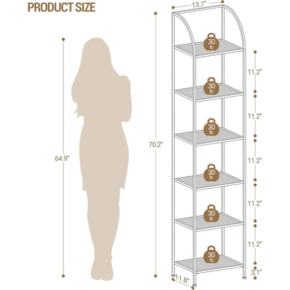 6-Tier Tempered Glass Bookcase with Gold Steel Frame, Slim Arched Corner Shelf for Bedroom Office Bathroom Storage