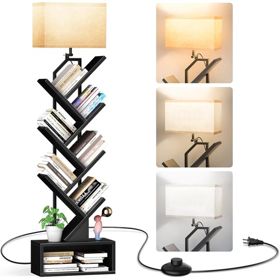 6-Tier Tree Book Shelf with LED Light, Steel&Wood Bookshelf with Storage Cabinet, Narrow Tall Bookcase with 3CCT Bulb, Small Bookshelf for Bedroom, Home Office&Living Room-Black Oak