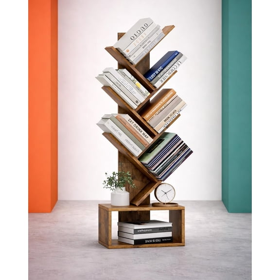 6 Tier Tree Book Shelf - Small Bookshelf Decor, Corner Bookshelf, Living Room Storage, Tall Narrow DVD & CD Storage Bookshelves, Comic Bookcases Standing for Bedroom or Office, Rustic Brown
