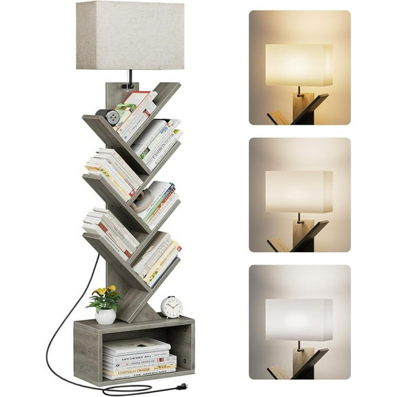 6 Tier Tree Bookshelf with Light, Narrow Bookcase Tower, Tall Floor Standing Book Shelf Organizer with Storage Cabinet for Room, and Office, Gray