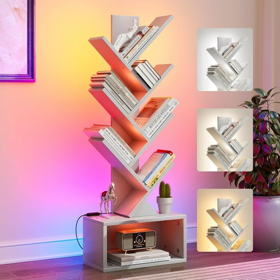 6 Tier Tree Bookshelf with Lights, LED Book Tree Bookcase with Storage Organizer, Small Corner Bookshelf Floor Standing Book Shelf for Living Room, Bedroom & Home Office, White