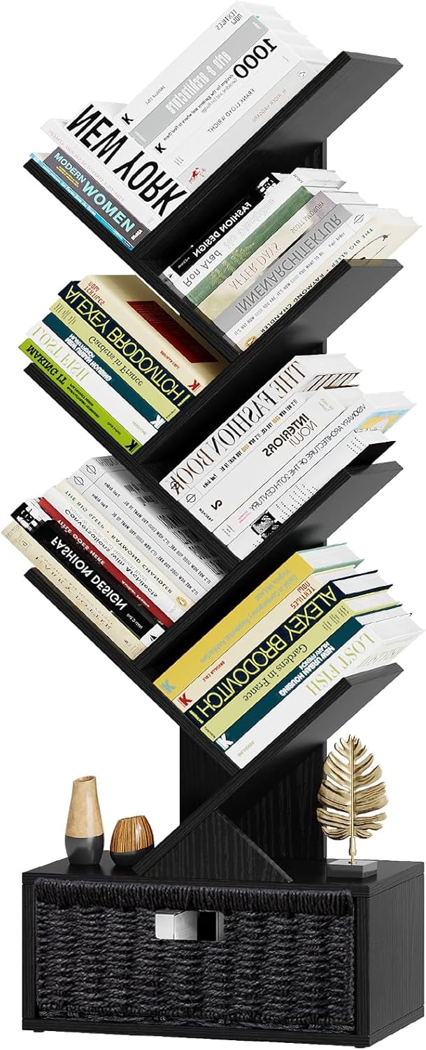 6 Tier Tree Bookshelf, Modern Floor Standing Bookcase with Storage ...