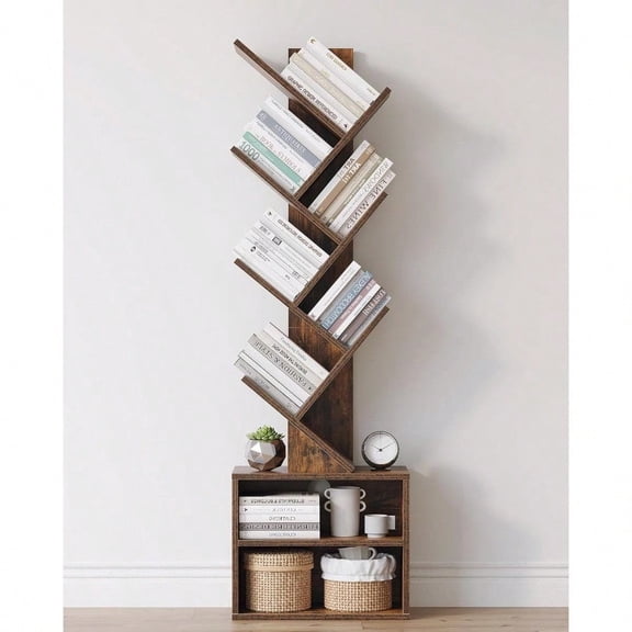 6 Tier Tree Bookshelf Small Bookcase with Storage Cabinet Modern Tall Narrow Bookshees Organizer Floor Standing Book Shelf for Bedroom/Living Room/Home Office/Corner Rustic Brown