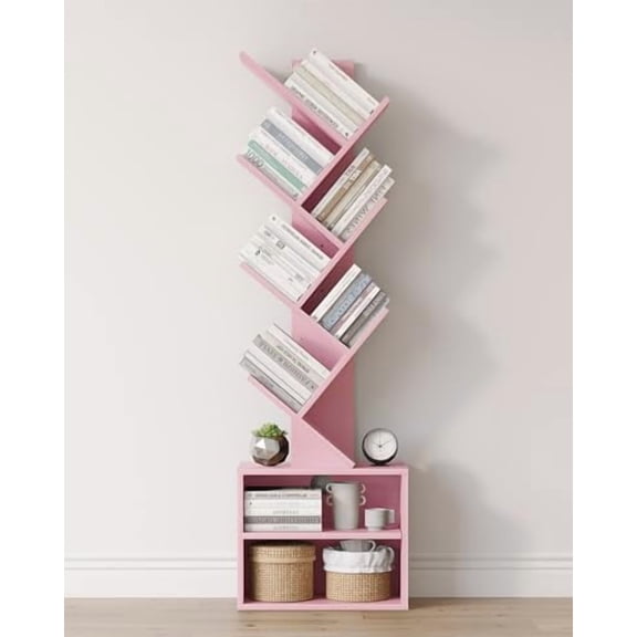 6 Tier Tree Bookshelf, Small Bookcase with Storage Cabinet, Modern Tall Narrow Bookshelves Organizer, Floor Standing Book Shelf for Bedroom/Living Room/Home Office/Corner, Pink