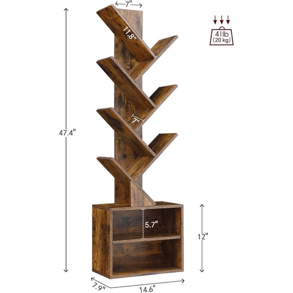 6 Tier Tree Bookshelf, Small Bookcase with Storage Cabinet, Modern Tall Narrow Bookshelves Organizer, Floor Standing Book Shelf for Bedroom/Living Room/Home Office/Corner, Rustic Brown