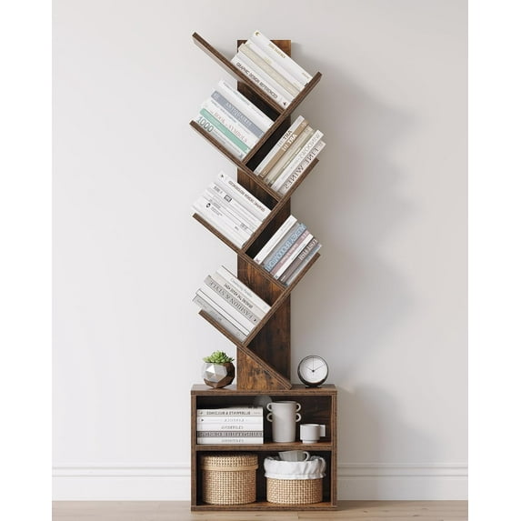 6 Tier Tree Bookshelf, Small Bookcase with Storage Cabinet, Modern Tall Narrow Bookshelves Organizer, Floor Standing Book Shelf for Bedroom/Living Room/Home Office/Corner, Rustic Brown