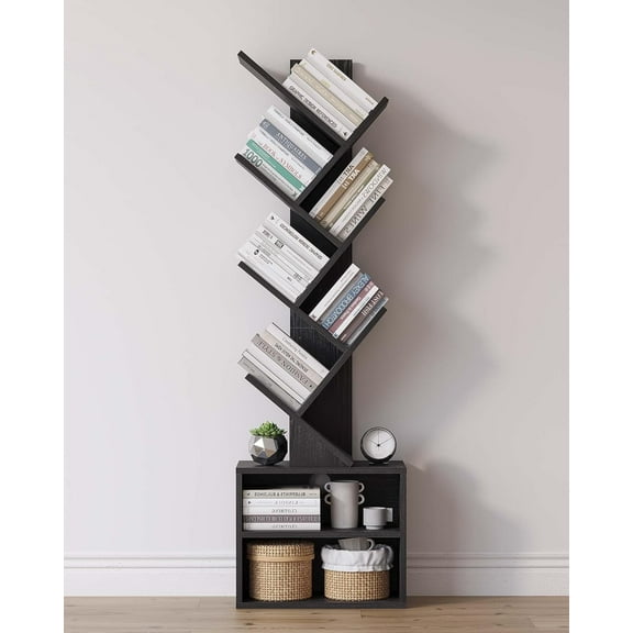 6 Tier Tree Bookshelf, Small Bookcase with Storage Cabinet, Modern Tall Narrow Bookshelves Organizer, Floor Standing Book Shelf for Bedroom/Living Room/Home Office/Corner, Rustic Brown