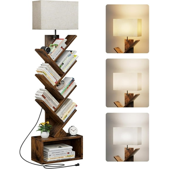 6 Tier Tree Bookshelf with Smart Light, Small Bookcase Tower with Remote Control, Tall Floor Standing Book Organizer for Living Room, Bedroom & Home Office, Rustic Brown