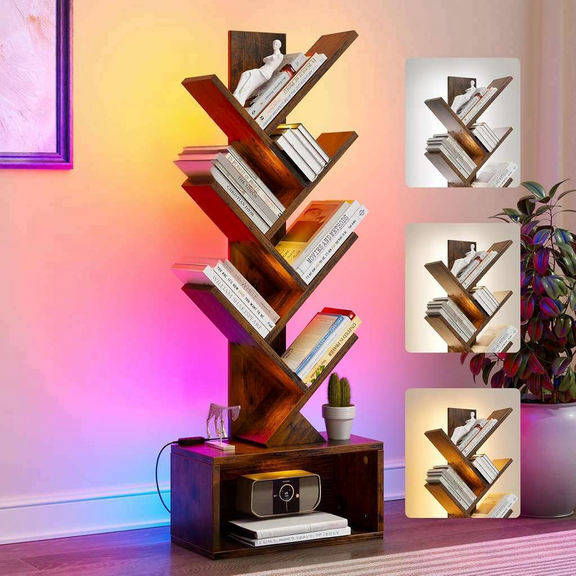 6 Tier Tree Bookshelf with RGBIC LED Lights and Remote Control, Rustic Brown
