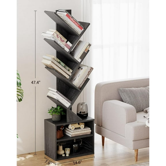 6 Tier Tree Bookshelf with Storage Cabinet, Modern Narrow Floor Standing Book Shelf Organizer for Bedroom Living Room Home Office Corner, Black