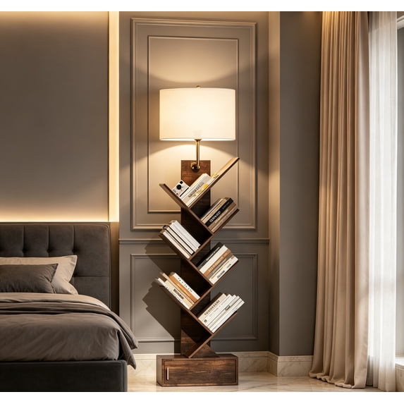 Tree Puller Chain 6-Tier Tree Narrow Bookshelf with Storage Cabinet – Tall Corner Display ...