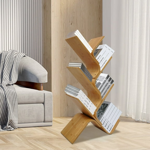 6-Tier Tree-Shape Bookcases Book Organizer Bamboo Book Display Stand Book Shelf