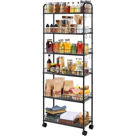 6-Tier Ultra Slim Rolling Storage Cart with Wheels, Narrow Metal Organizer Shelf Unit for Kitchen, Bathroom, Laundry Room, Office, Dorm, RV, Mobile Storage Rack, Black, 6" Wide