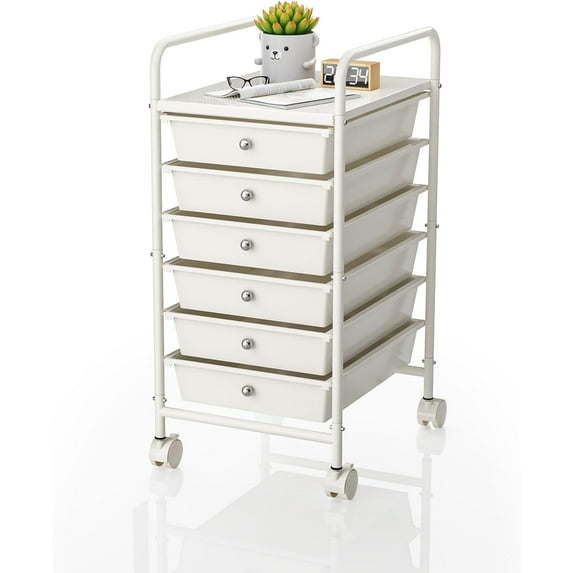 6-Tier Utility Cart with 6 Drawers, Rolling Utility Cart with 2 Lockable Caster Wheels, Multipurpose Mobile Rolling Drawer Cart for Office Bathroom Kitchen, Ivory White
