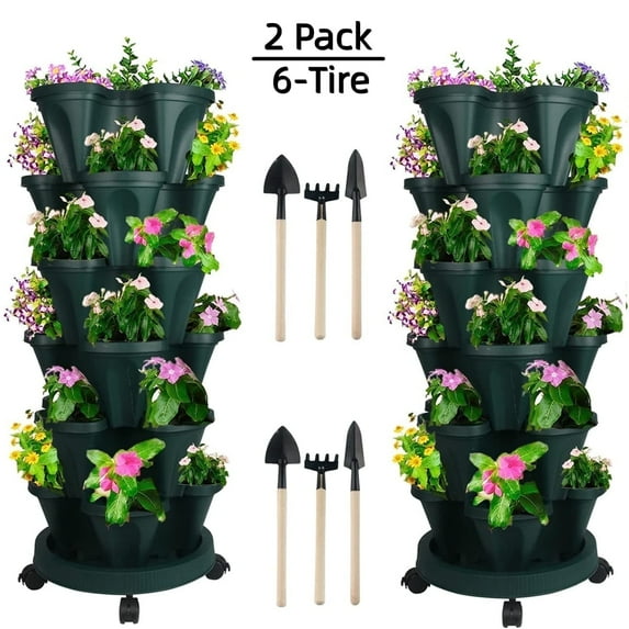 6 Tier Vertical Garden Stackable Planters Strawberry, Herb, Flower, Vegetable Planter Indoor Outdoor Pots with Wheels - Green,2 Sets