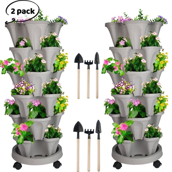 Mother's day Savings Clearance! DUNCHATY Mothers Day Gifts for Mom,6 Tier Vertical Gardening Stackable Tower Planter for Strawberries,Flowers,Herbs,Vegetables - Gray,2Pack