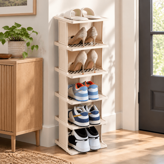 6 Tier Vertical Shoe Rack Narrow Stackable Organizer Beige - Walmart.com