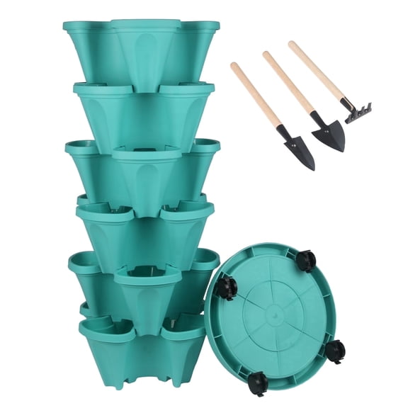 6 Tier Vertical Stackable Planters Strawberry, Herb, Flower, Vegetable Planter Indoor Outdoor Pots with Wheels, Teal