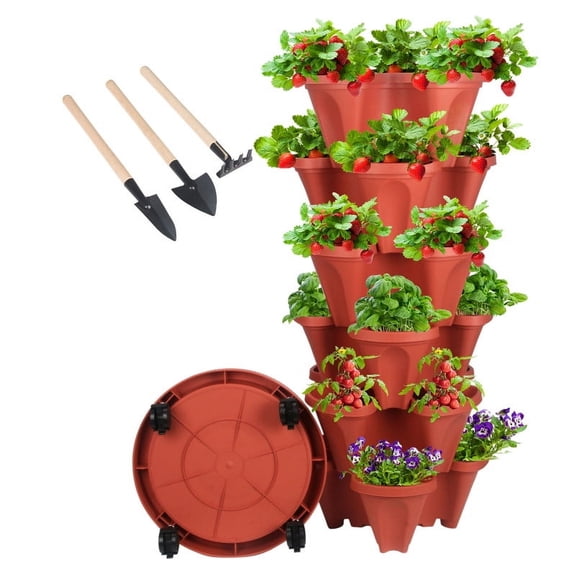 6-Tier Vertical Stackable Tower Planter for Strawberries, Flowers, Herbs, and Vegetables - Red.