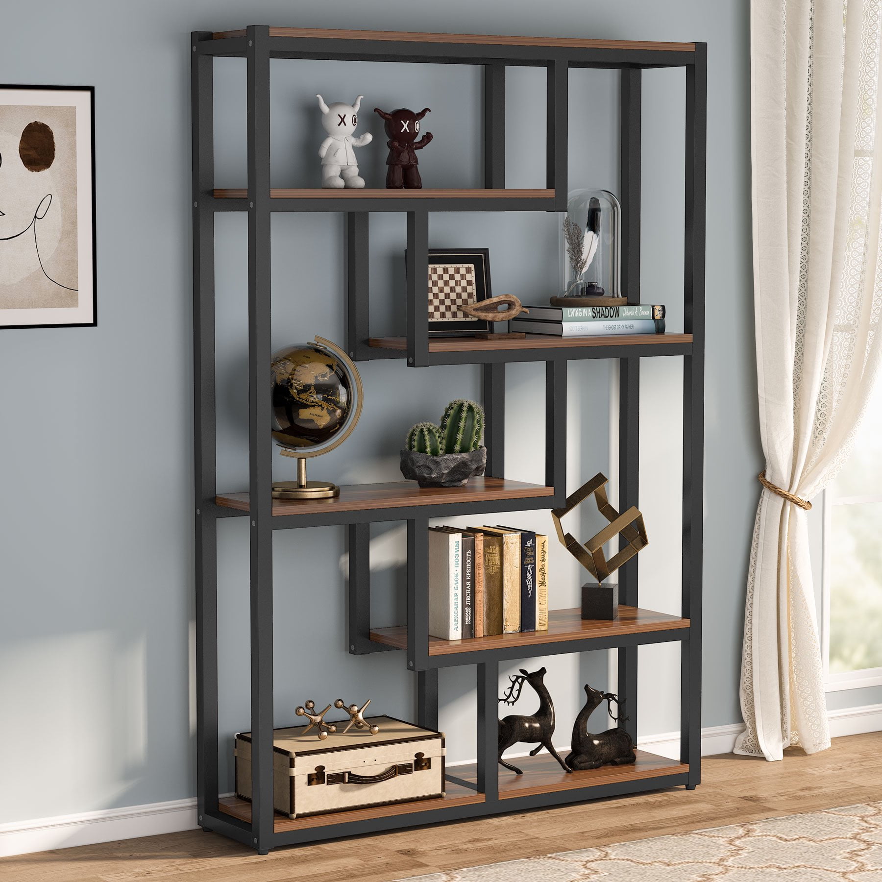 69" Walnut and Black Industrial 6-Tier Bookshelf with Staggered Shelves