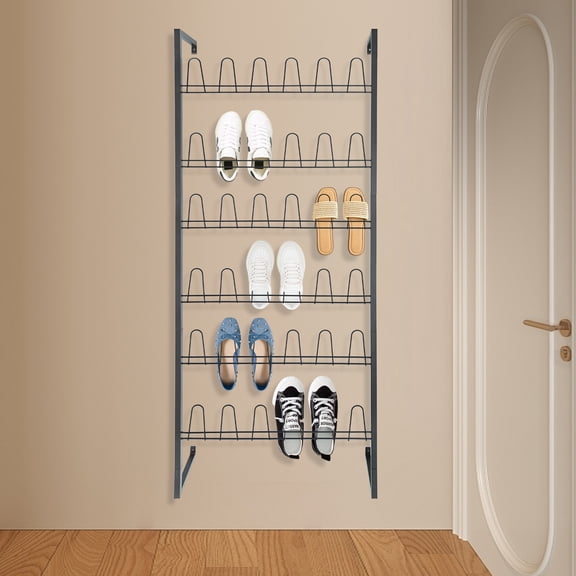 6 Tier Wall Mounted Shoe Rack, 36 Holds Up to 18 Pairs of Shoes Heavy Duty Iron Shoe Organizer Rust-Proof Wall Mount Shoe Storage for Entryway Closet Bedroom, Space Saving Vertical Shoe Rack