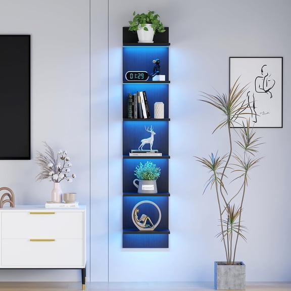 6 Tier Wall Shelf Unit with LED Remote Control Light 57 Inch Floating Storage Shelving Black